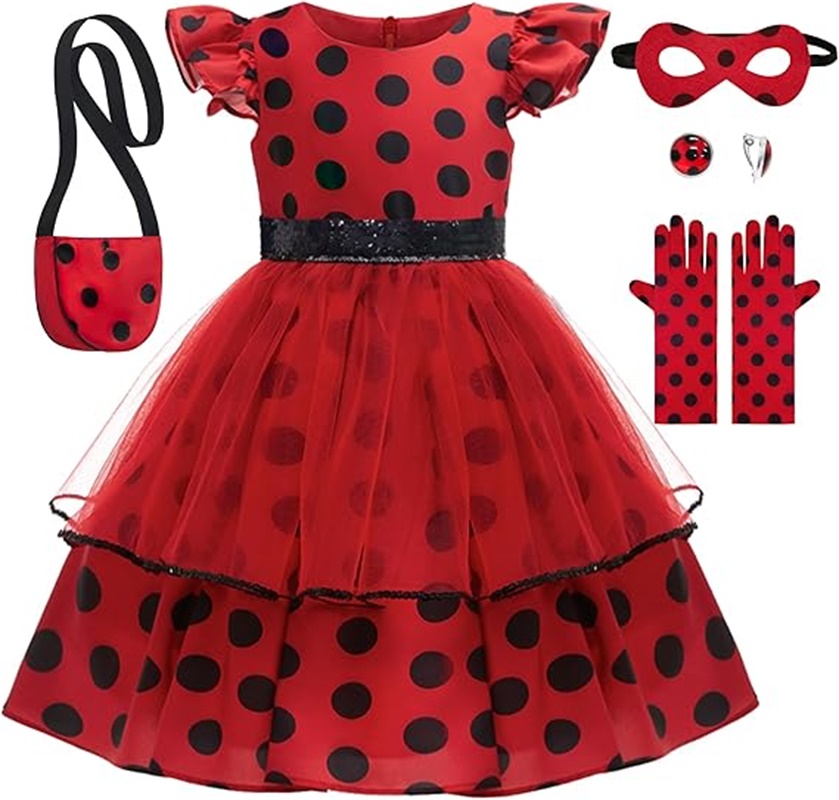 Baby Clothing Size - 女の子コスプレ衣装水玉赤いドレスバッグ手袋マスクイヤリング子供のためのバグハロウィン誕生日ドレスアップ
