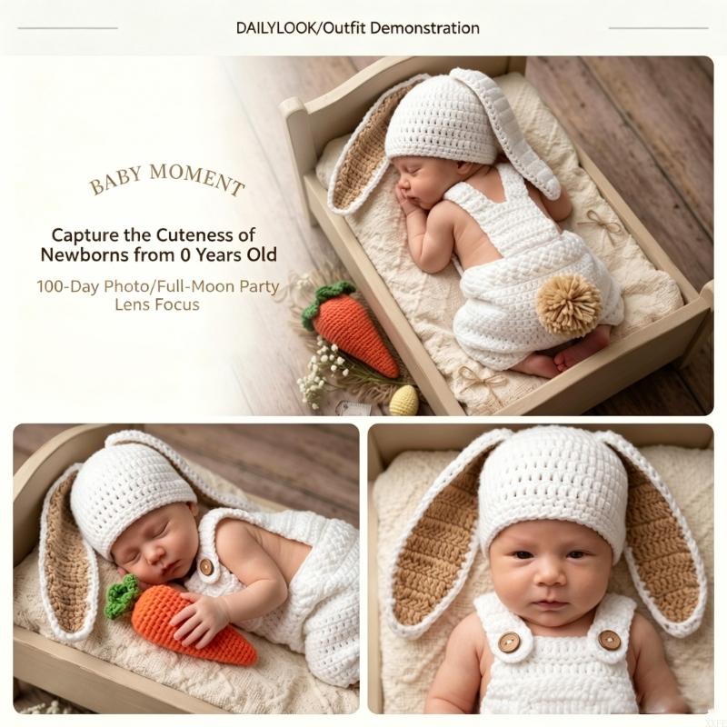 Baby Clothing Onesies - かぎ針編みニット新生児写真撮影小道具服ウサギテーマベビーロンパース帽子付き0-3ヶ月用ベビースタジオ写真撮影用