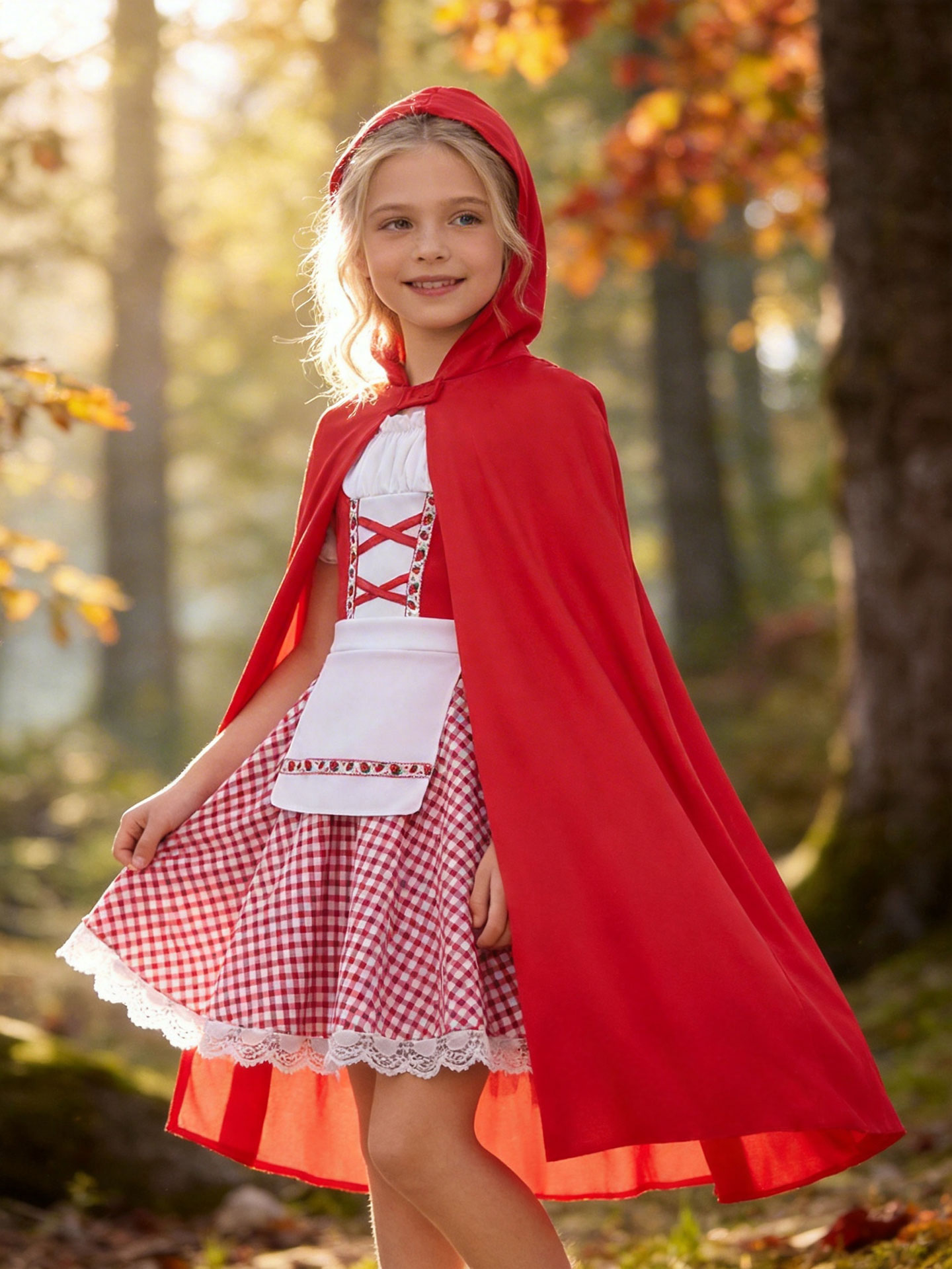 Baby Clothing Size - 子供赤ずきんちゃんコスチューム女の子ハロウィンコスプレ衣装赤いフード付きマントチェック柄レースイチゴドレスおとぎ話ファンシー