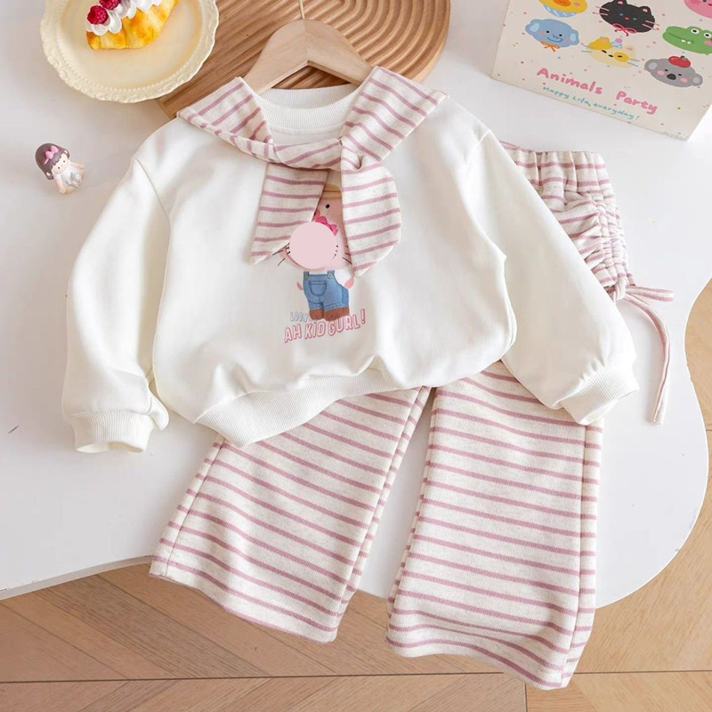 Baby Clothing Unique - 春と秋の女の子用衣装：ユニークな漫画柄のストライプショールスウェットシャツとカジュアルパンツを備えたスタイリッシュなベビー服