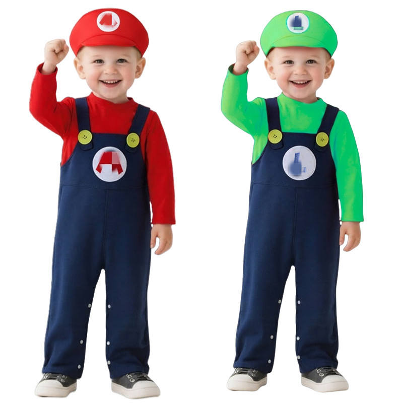 Baby Clothing Onesies - ベビー配管工コスチューム赤緑アニメゲーム配管工ボディスーツホリデーパーティーコスチュームボタン制服秋/冬純綿ボディスーツ