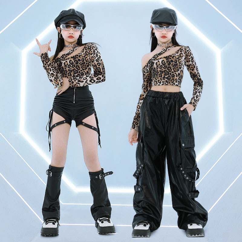 子供パフォーマンス社交ダンス服女の子ヒョウ Tシャツ革ボトム - Baby Clothing Size のレビューと価格
