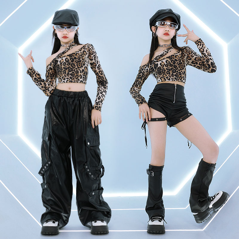 子供パフォーマンス社交ダンス服女の子ヒョウ Tシャツ革ボトム - Baby Clothing Size のレビューと価格
