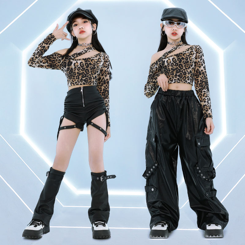 子供パフォーマンス社交ダンス服女の子ヒョウ Tシャツ革ボトム - Baby Clothing Size のレビューと価格